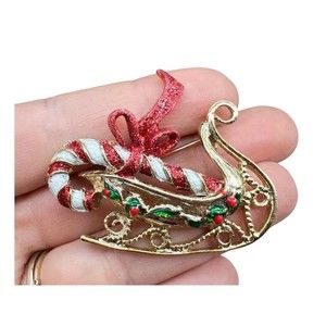 Vintage Christmas Candy Cane Sleigh Brooch Pin